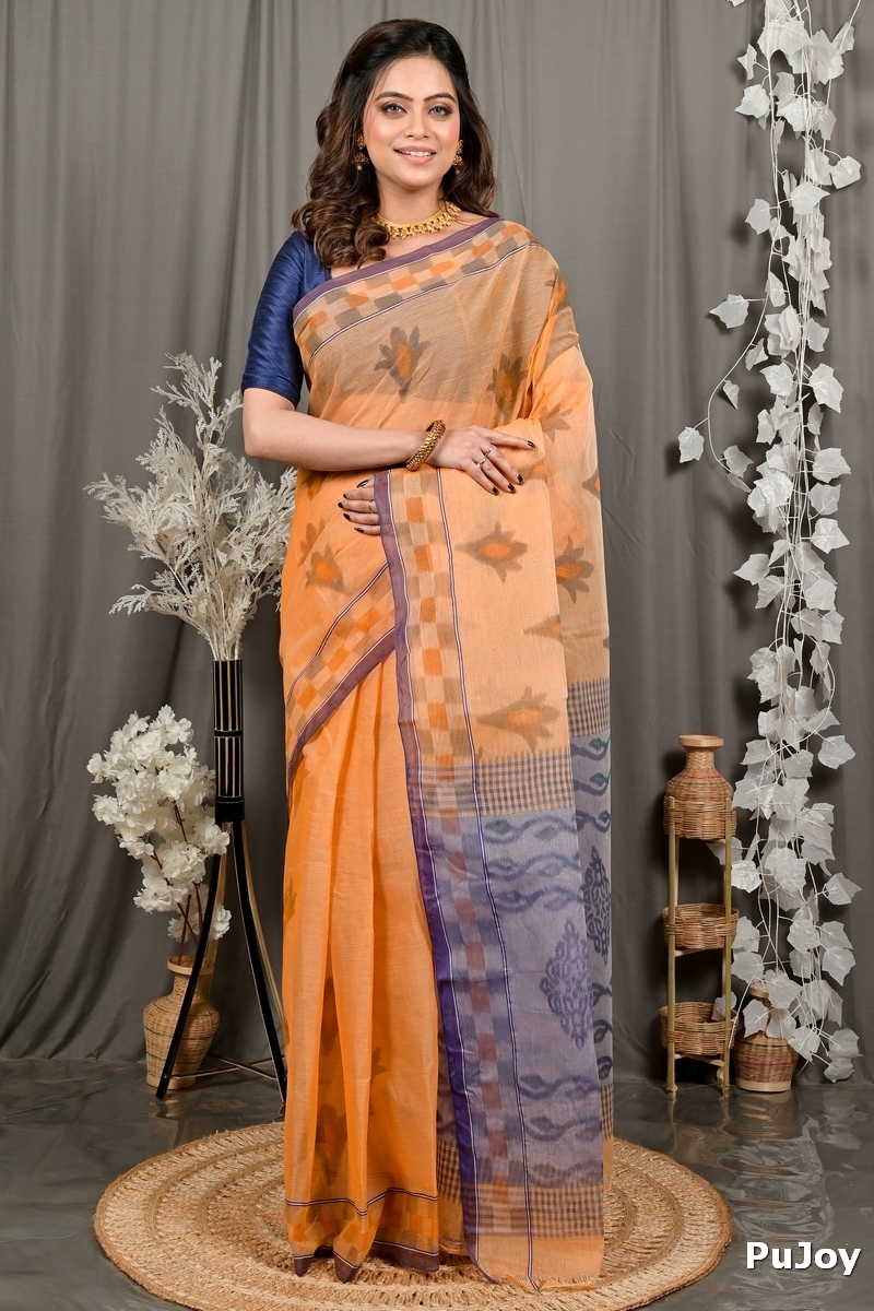 Light Orange Pure Cotton Devai Tant Saree Print (2964)