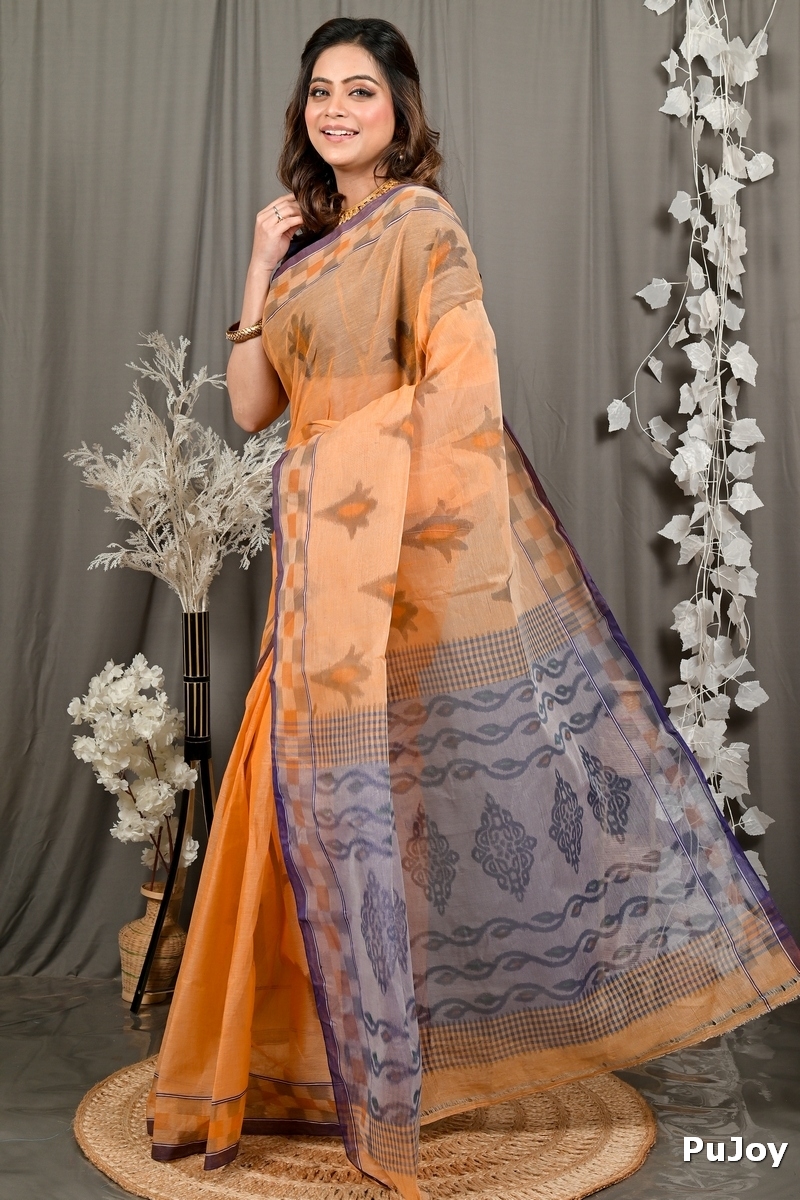 Light Orange Pure Cotton Devai Tant Saree Print (2964)
