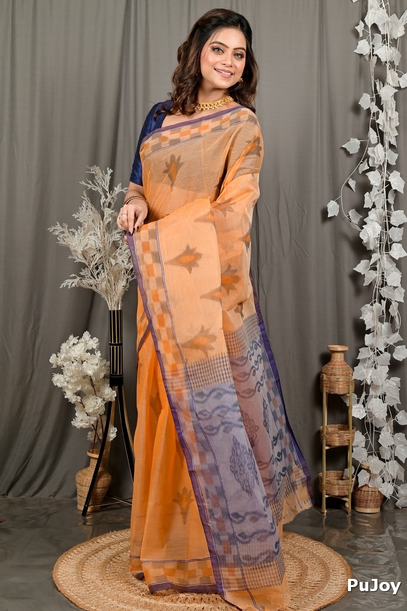 Light Orange Pure Cotton Devai Tant Saree Print (2964)