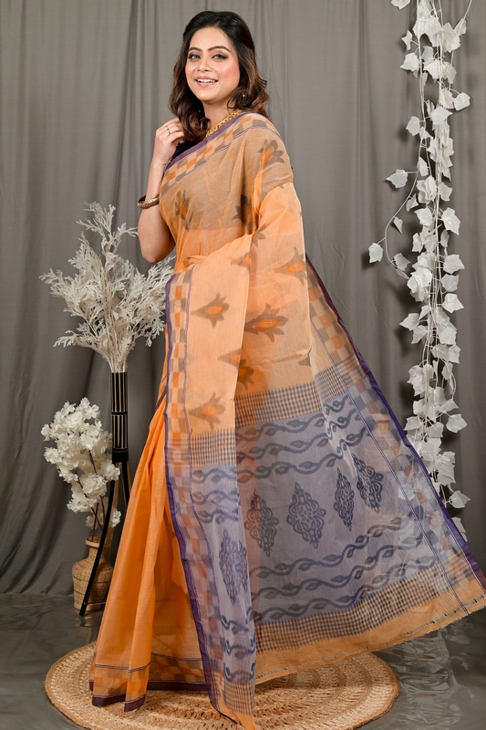 Light Orange Pure Cotton Devai Tant Saree Print (2964)