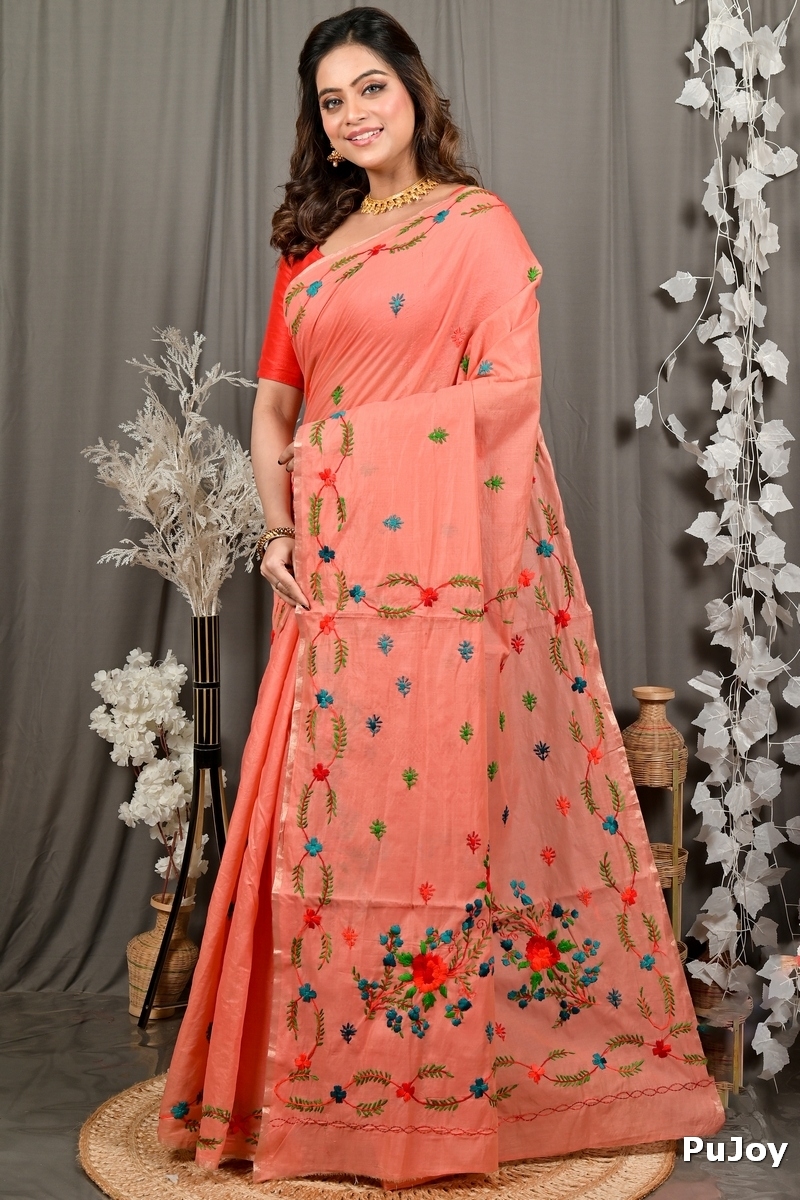Peach Pure Cotton Devui Kantha Stitch Saree (2965)