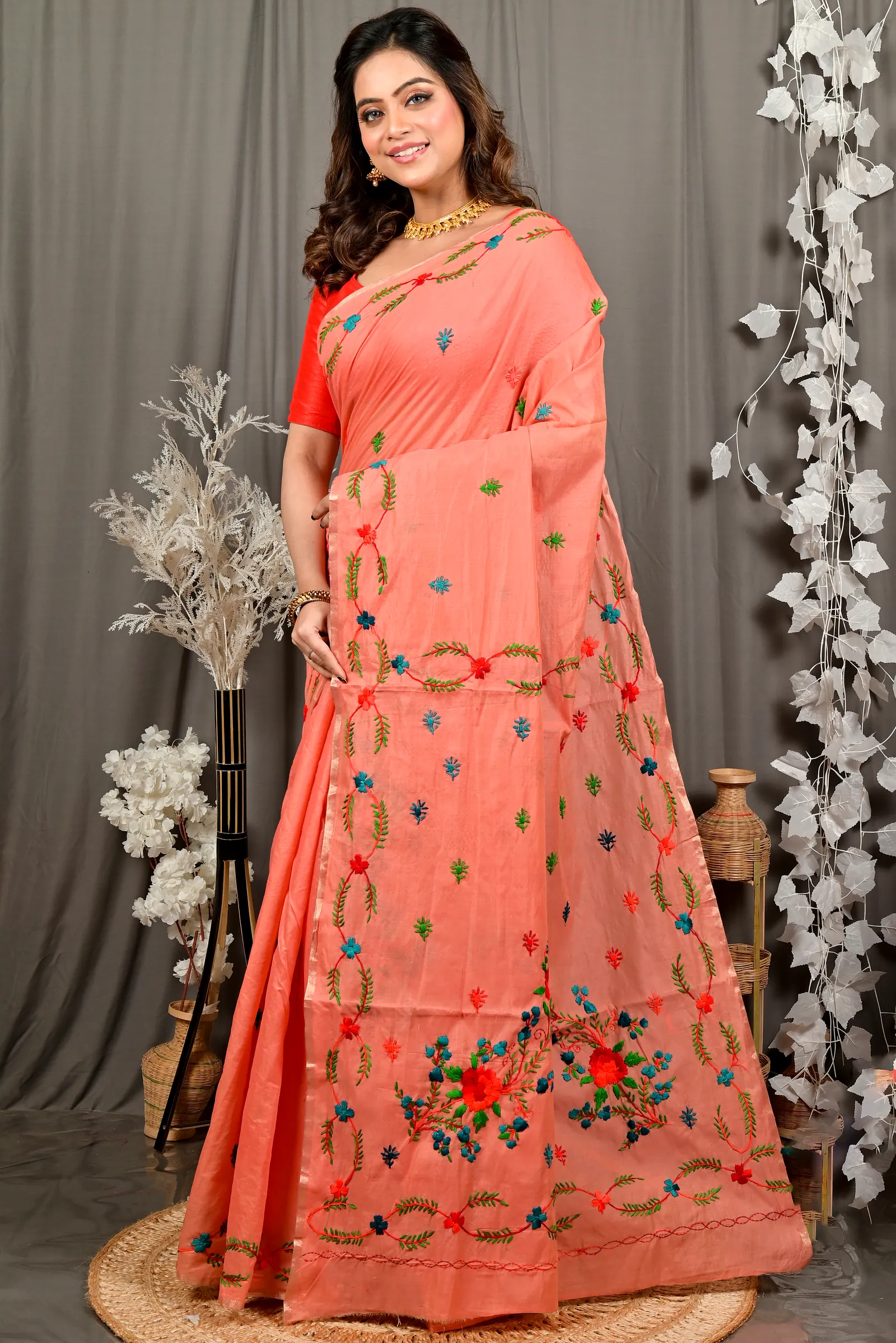 Peach Pure Cotton Devui Kantha Stitch Saree (2965)