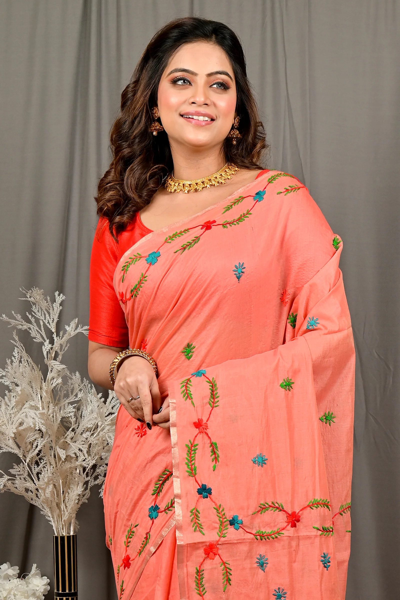Peach Pure Cotton Devui Kantha Stitch Saree (2965)