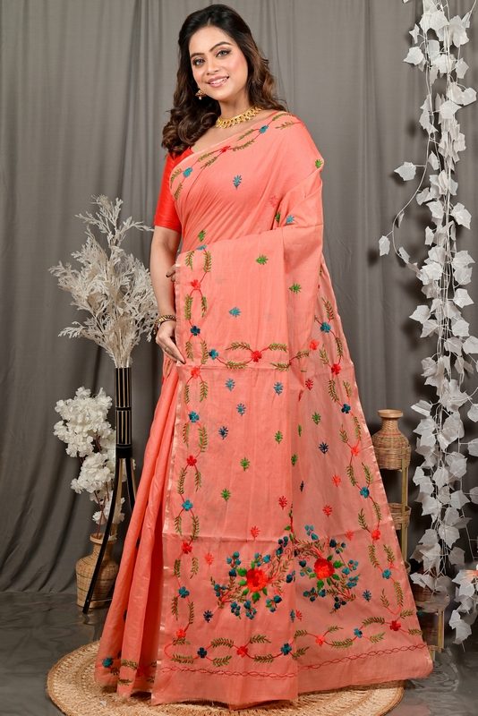 Peach Pure Cotton Devui Kantha Stitch Saree (2965)
