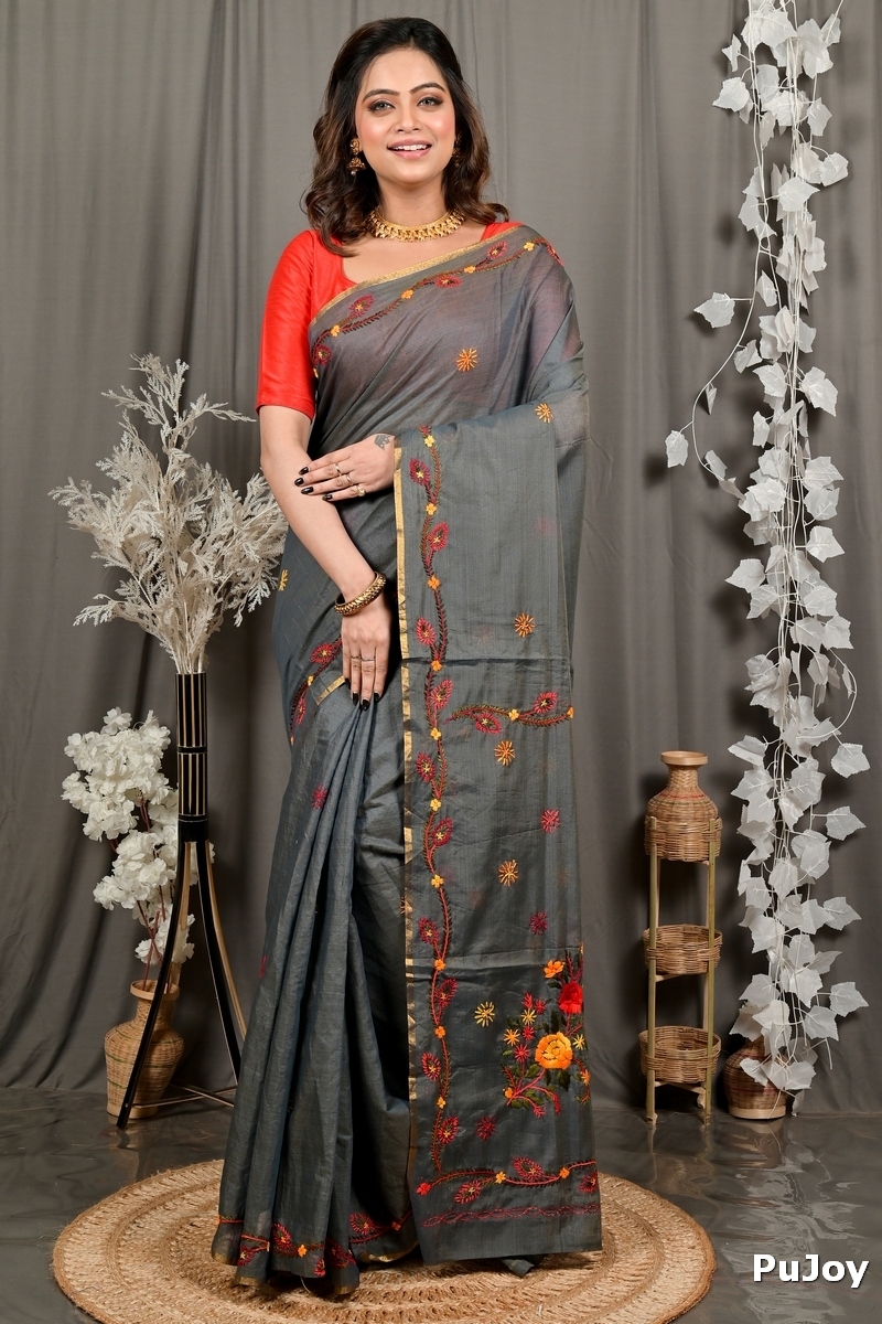 Dark Grey Pure Cotton Devui Kantha Stitch Saree (2966)