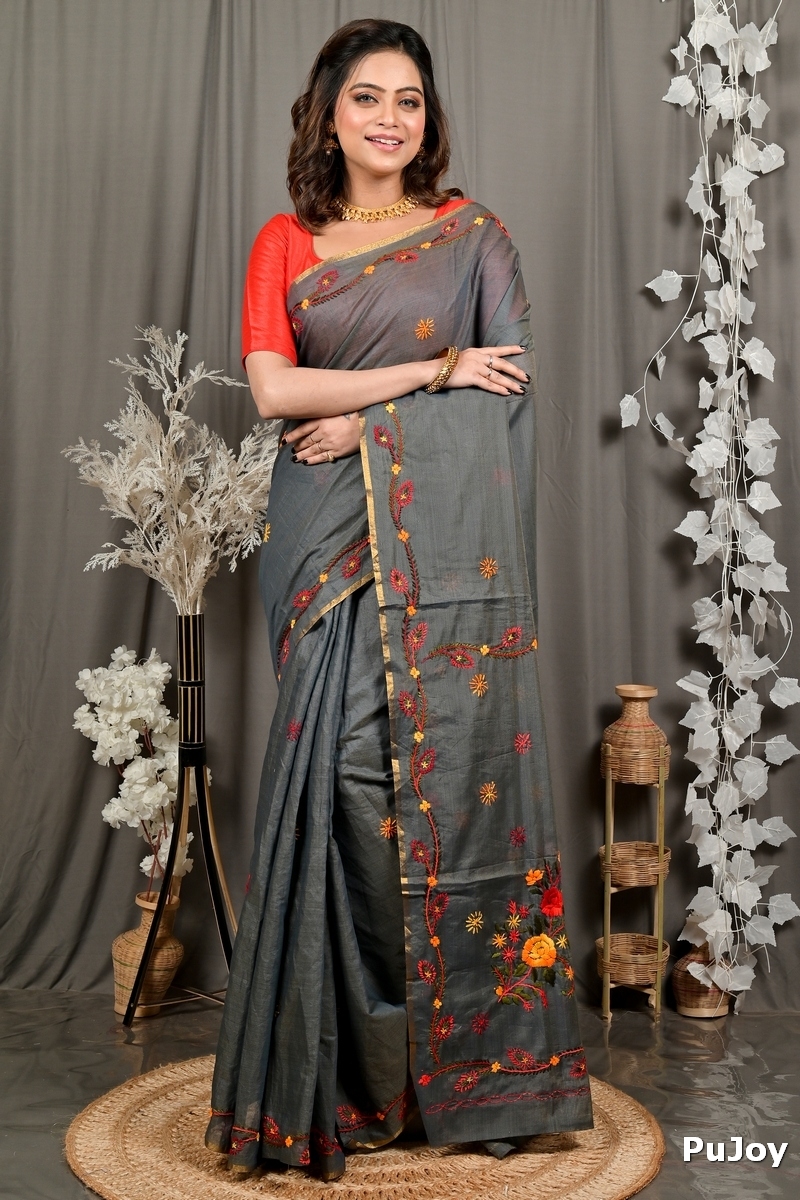 Dark Grey Pure Cotton Devui Kantha Stitch Saree (2966)
