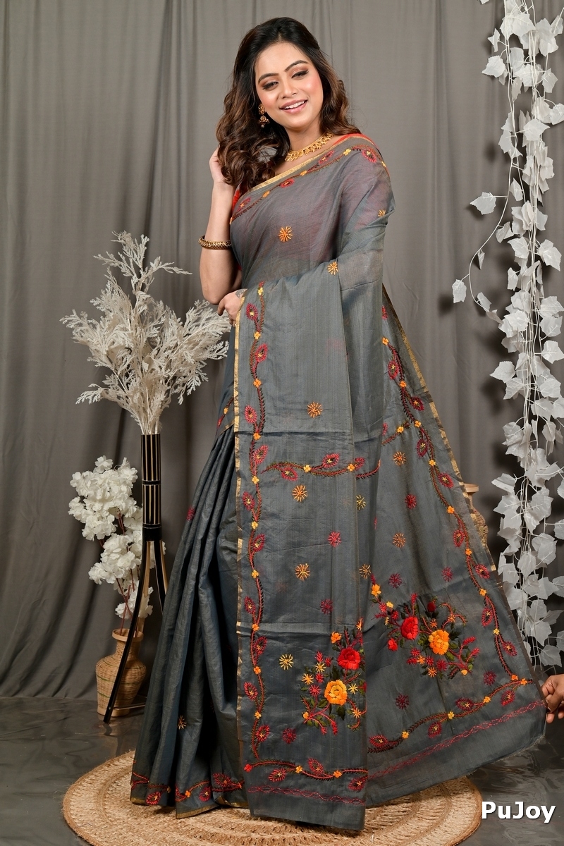 Dark Grey Pure Cotton Devui Kantha Stitch Saree (2966)