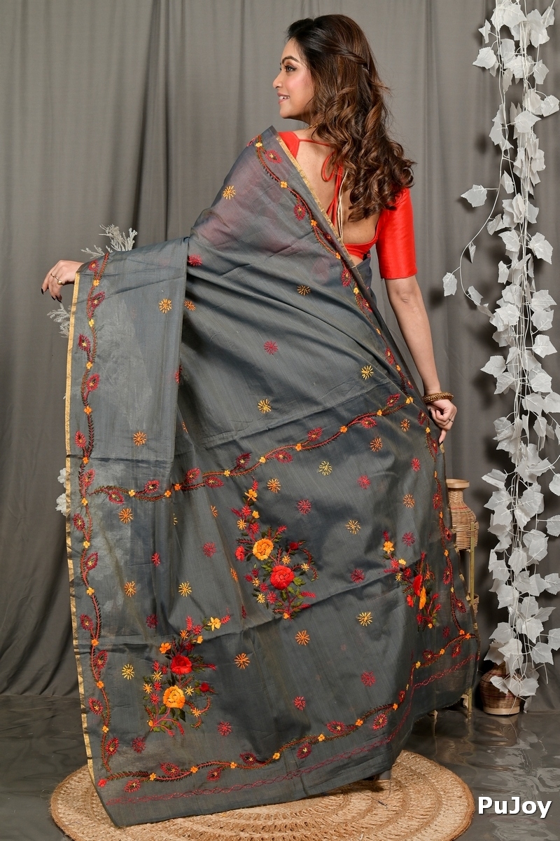 Dark Grey Pure Cotton Devui Kantha Stitch Saree (2966)