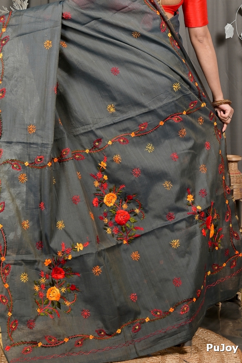 Dark Grey Pure Cotton Devui Kantha Stitch Saree (2966)