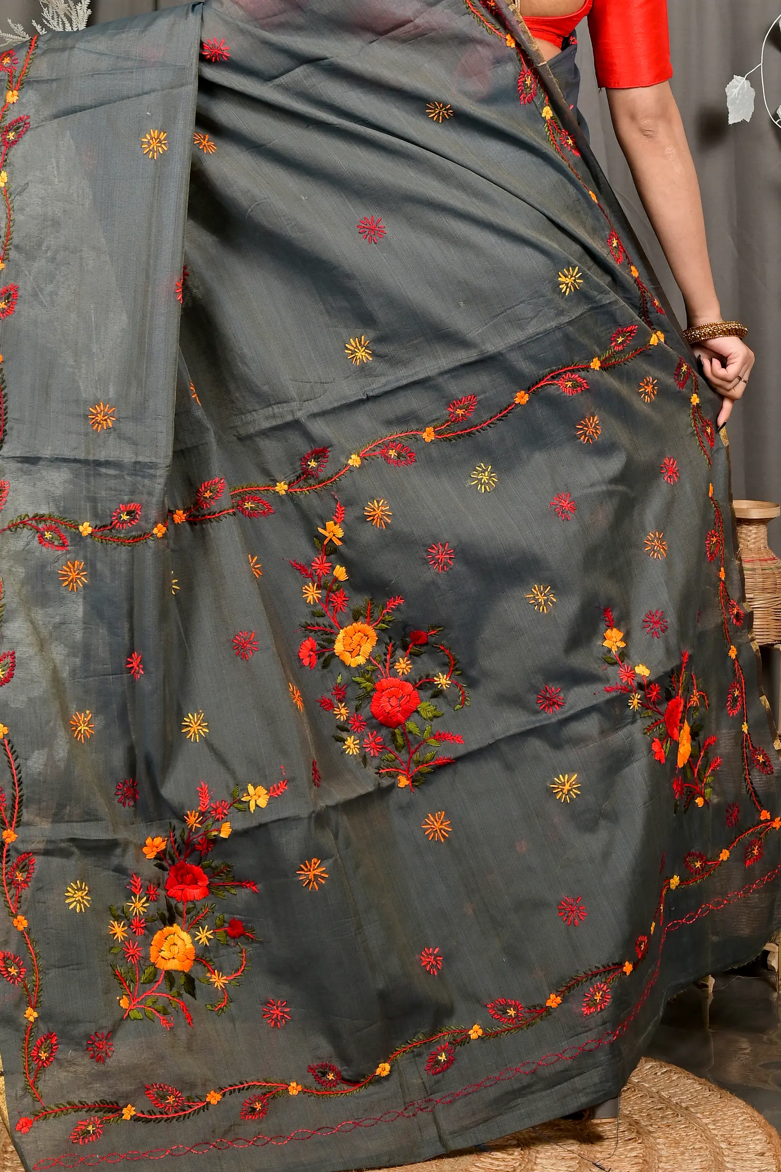 Dark Grey Pure Cotton Devui Kantha Stitch Saree (2966)