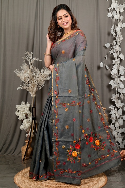 Dark Grey Pure Cotton Devui Kantha Stitch Saree (2966)