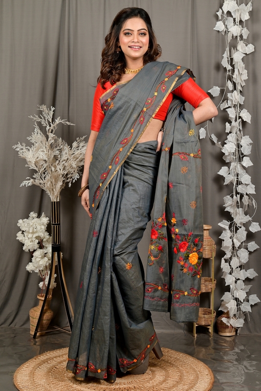 Dark Grey Pure Cotton Devui Kantha Stitch Saree (2966)