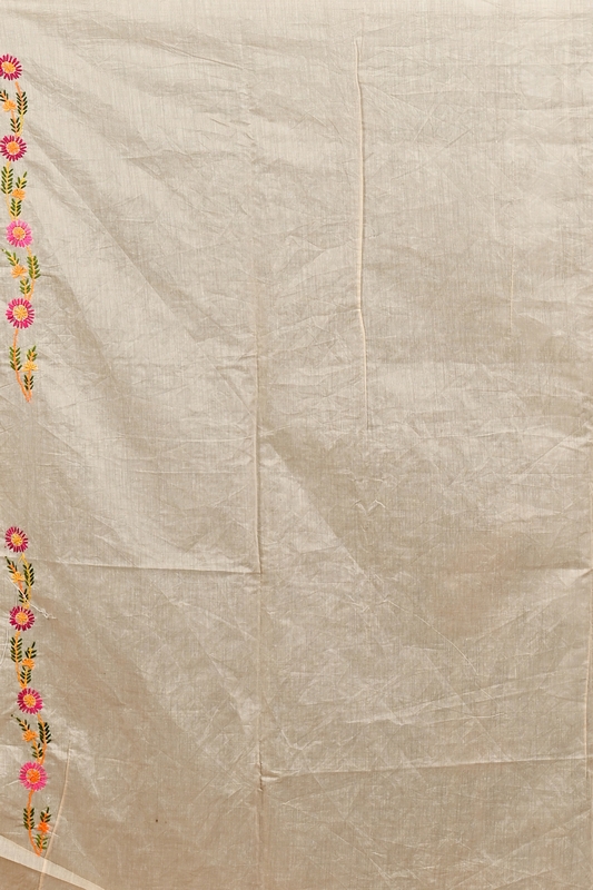 Cream Pure Cotton Devui Kantha Stitch Saree (2967)