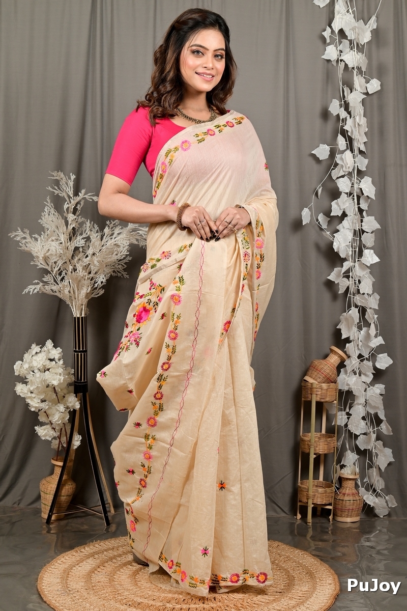 Cream Pure Cotton Devui Kantha Stitch Saree (2967)