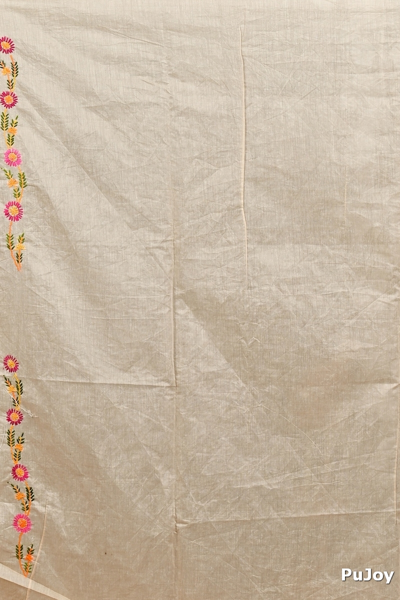 Cream Pure Cotton Devui Kantha Stitch Saree (2967)