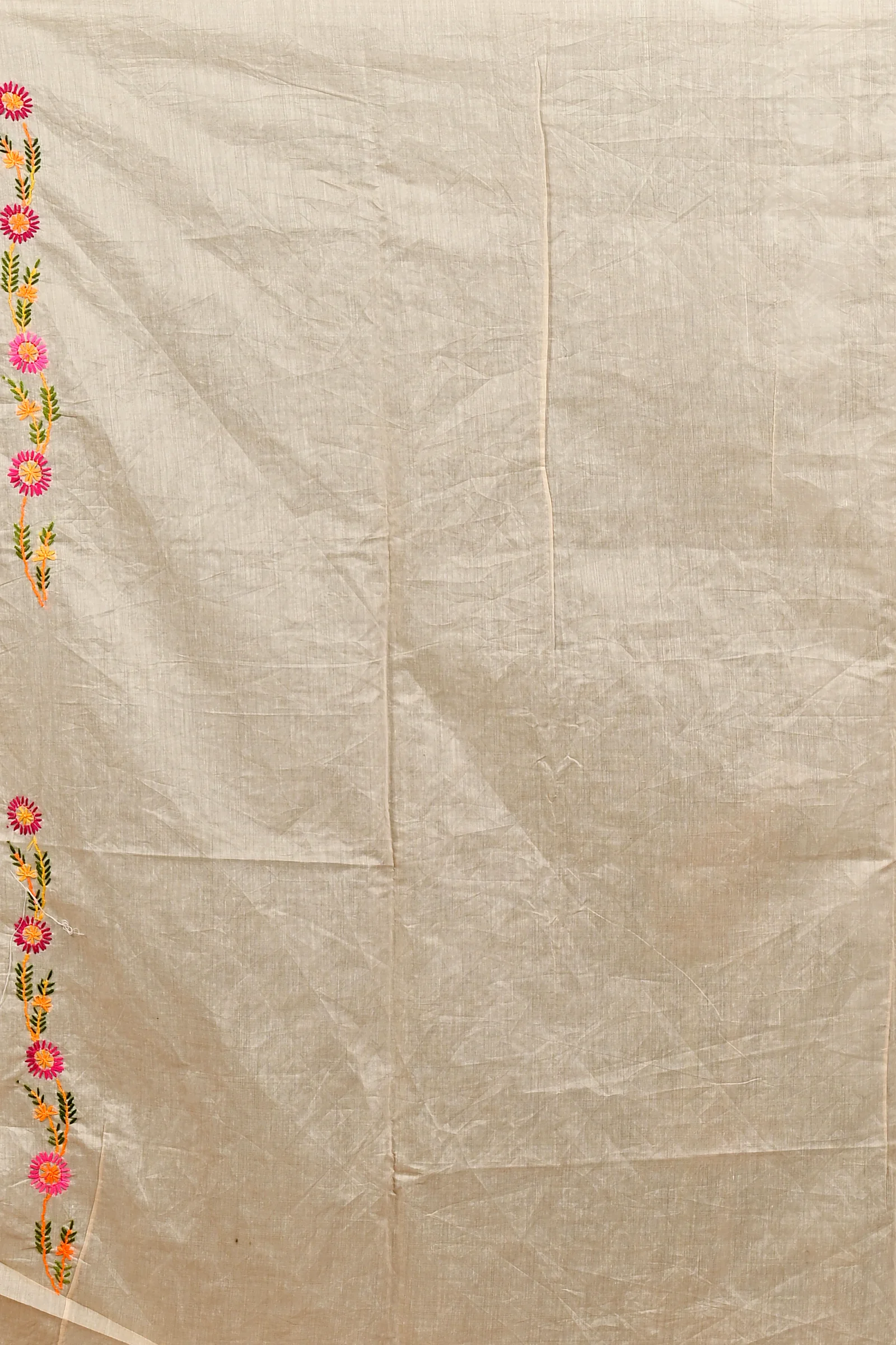 Cream Pure Cotton Devui Kantha Stitch Saree (2967)