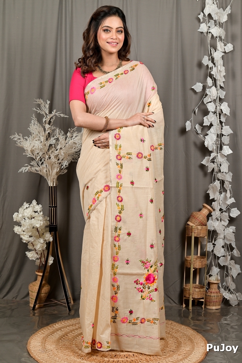 Cream Pure Cotton Devui Kantha Stitch Saree (2967)