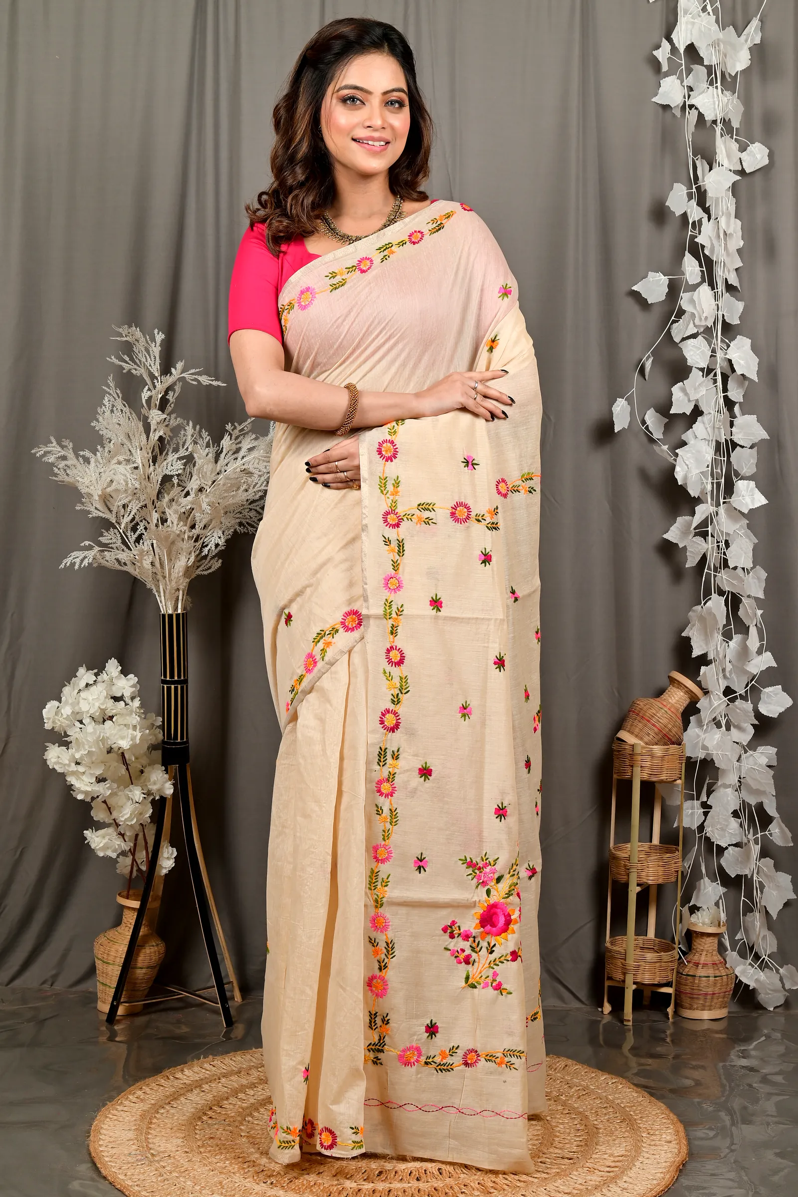 Cream Pure Cotton Devui Kantha Stitch Saree (2967)