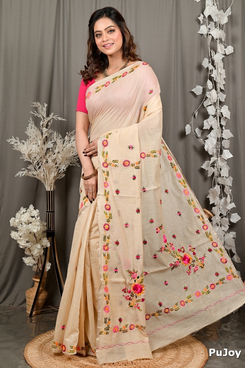 Cream Pure Cotton Devui Kantha Stitch Saree (2967)