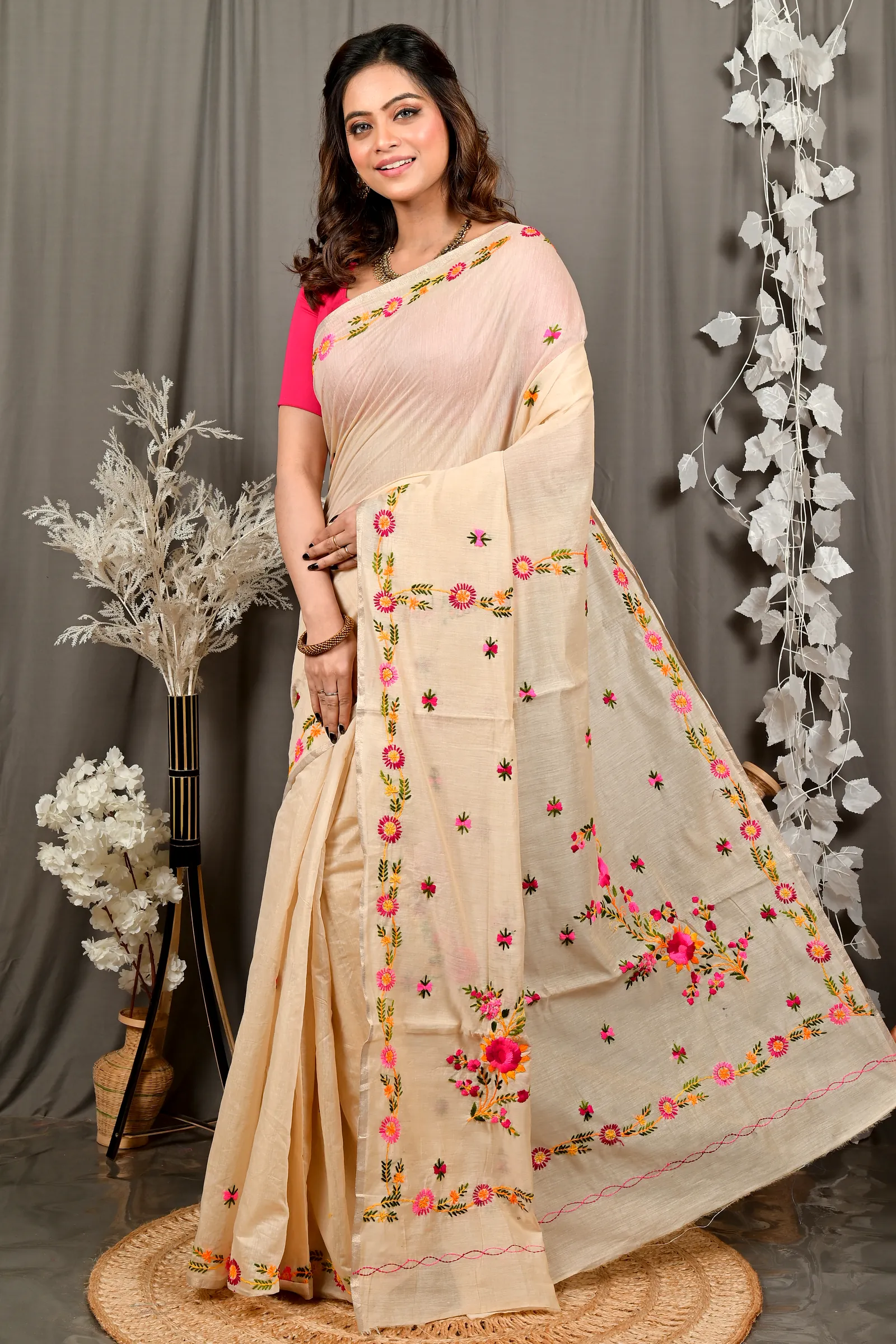 Cream Pure Cotton Devui Kantha Stitch Saree (2967)