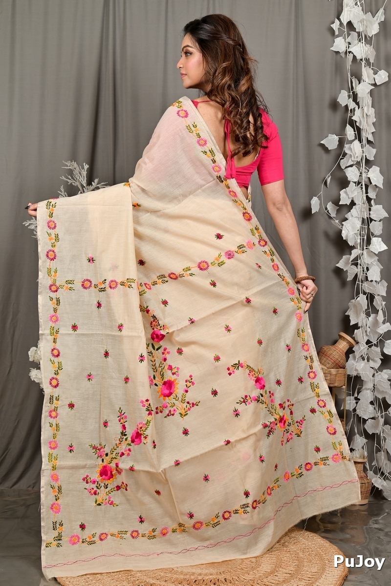 Cream Pure Cotton Devui Kantha Stitch Saree (2967)