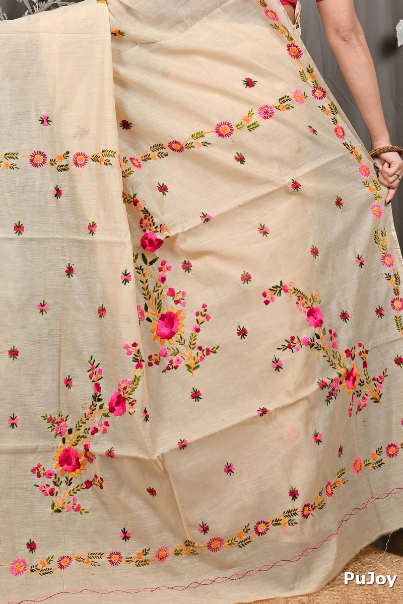 Cream Pure Cotton Devui Kantha Stitch Saree (2967)