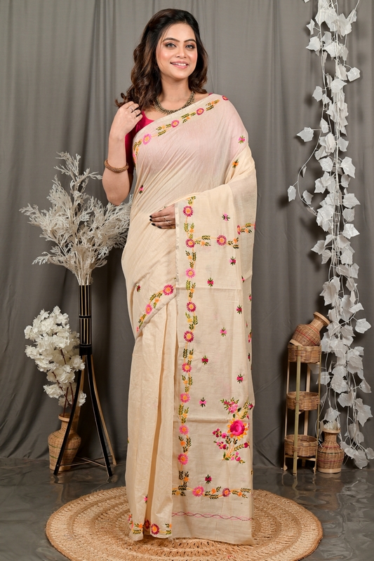 Cream Pure Cotton Devui Kantha Stitch Saree (2967)
