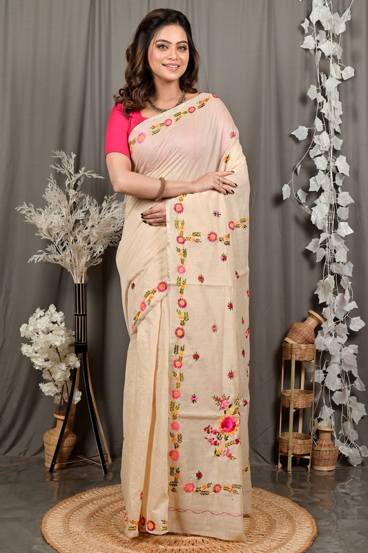 Cream Pure Cotton Devui Kantha Stitch Saree (2967)