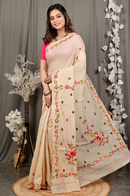 Cream Pure Cotton Devui Kantha Stitch Saree (2967)
