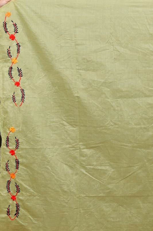 Lime Green Pure Cotton Devui Kantha Stitch Saree (2968)