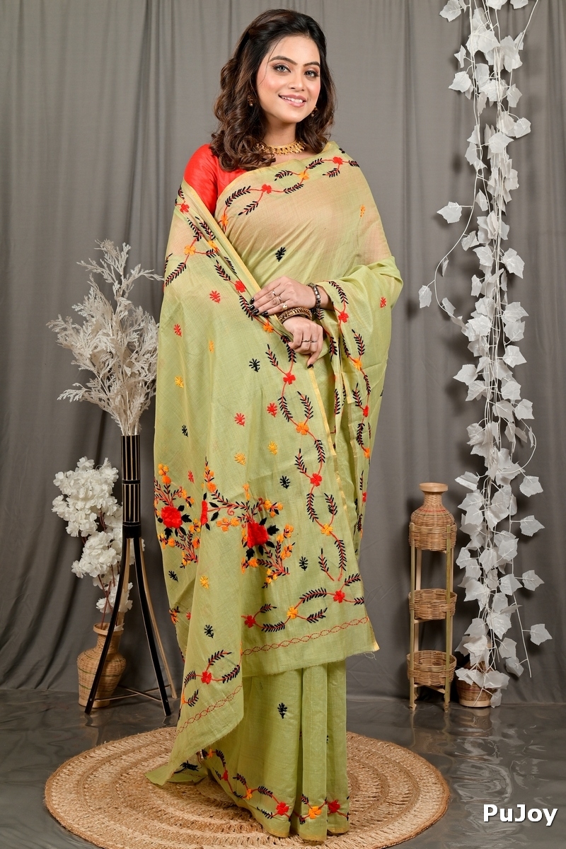 Lime Green Pure Cotton Devui Kantha Stitch Saree (2968)