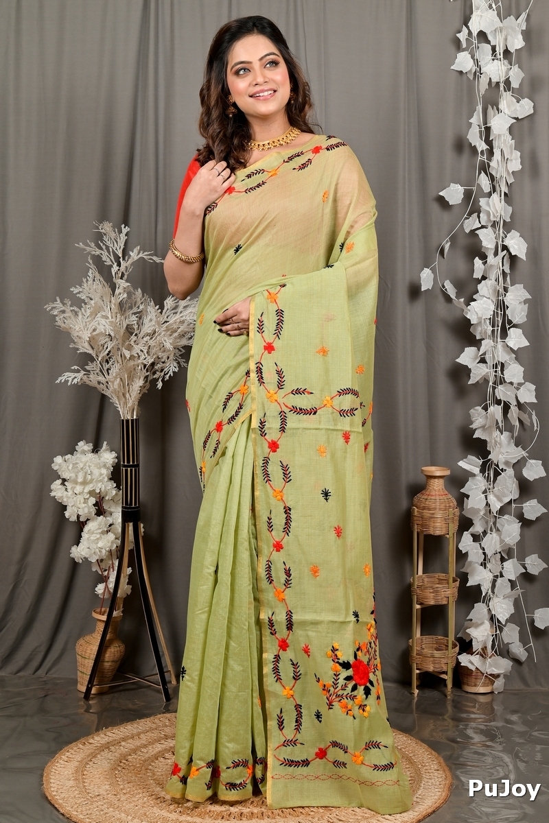 Lime Green Pure Cotton Devui Kantha Stitch Saree (2968)
