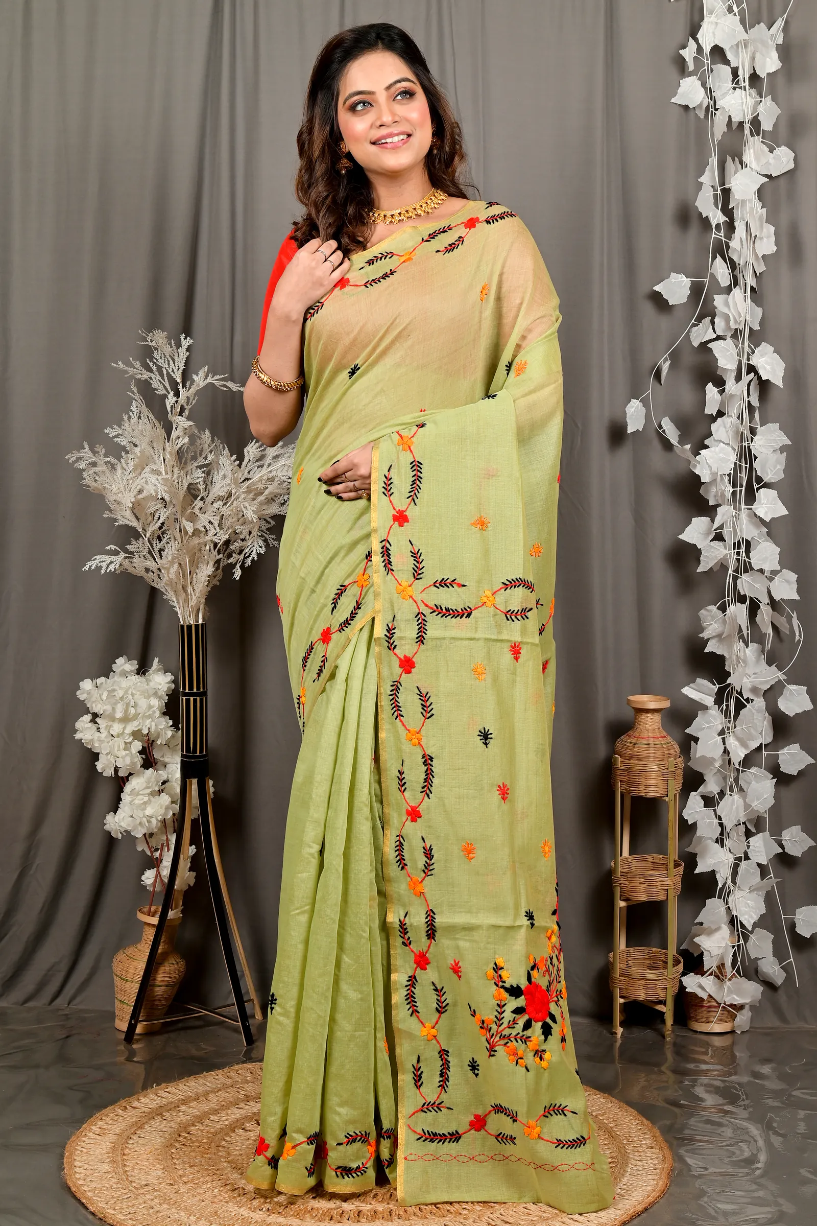 Lime Green Pure Cotton Devui Kantha Stitch Saree (2968)
