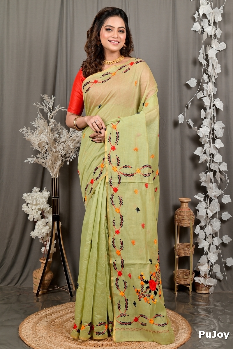 Lime Green Pure Cotton Devui Kantha Stitch Saree (2968)