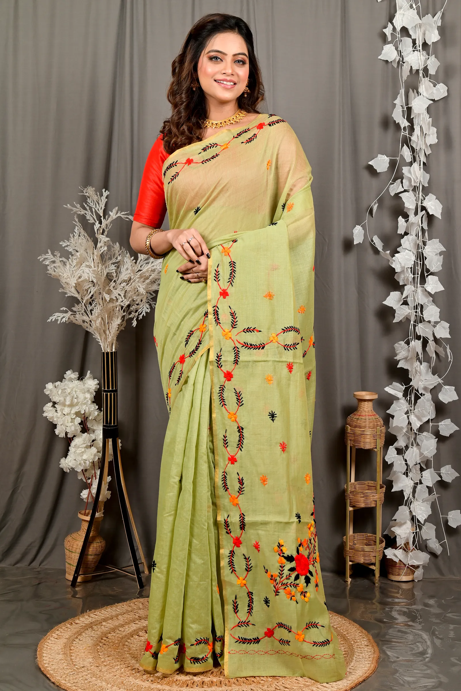 Lime Green Pure Cotton Devui Kantha Stitch Saree (2968)