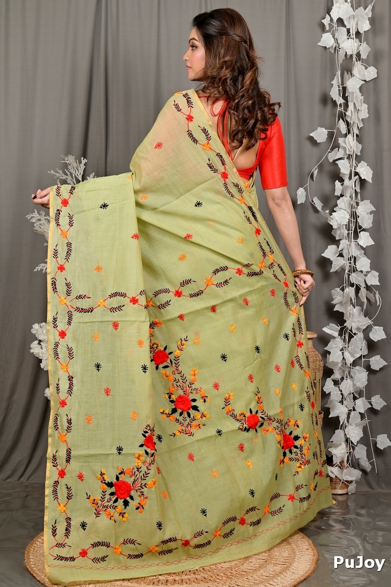 Lime Green Pure Cotton Devui Kantha Stitch Saree (2968)