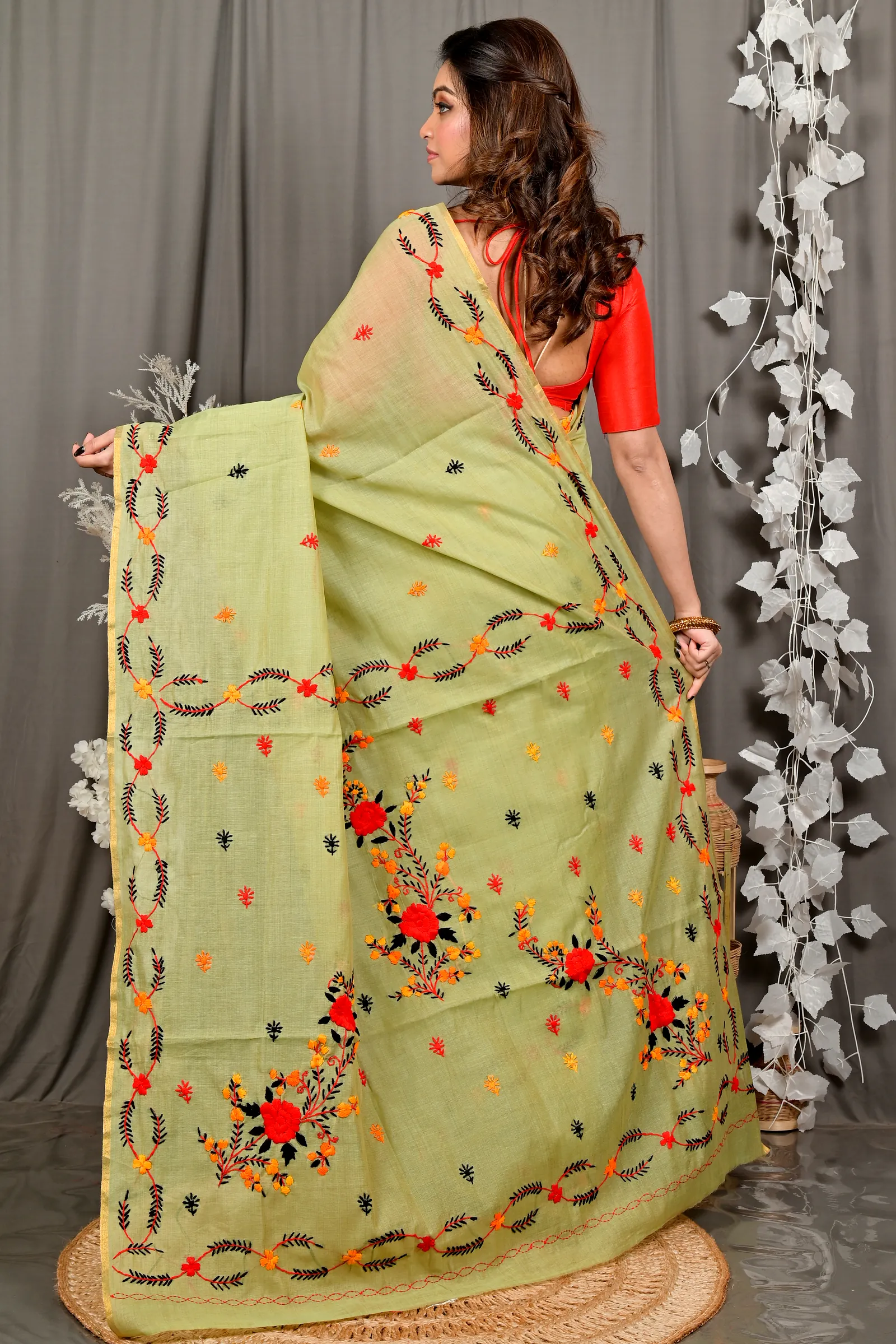 Lime Green Pure Cotton Devui Kantha Stitch Saree (2968)