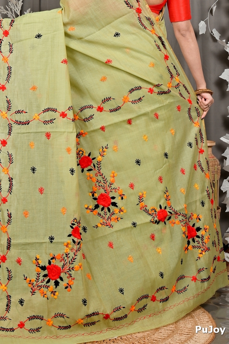 Lime Green Pure Cotton Devui Kantha Stitch Saree (2968)