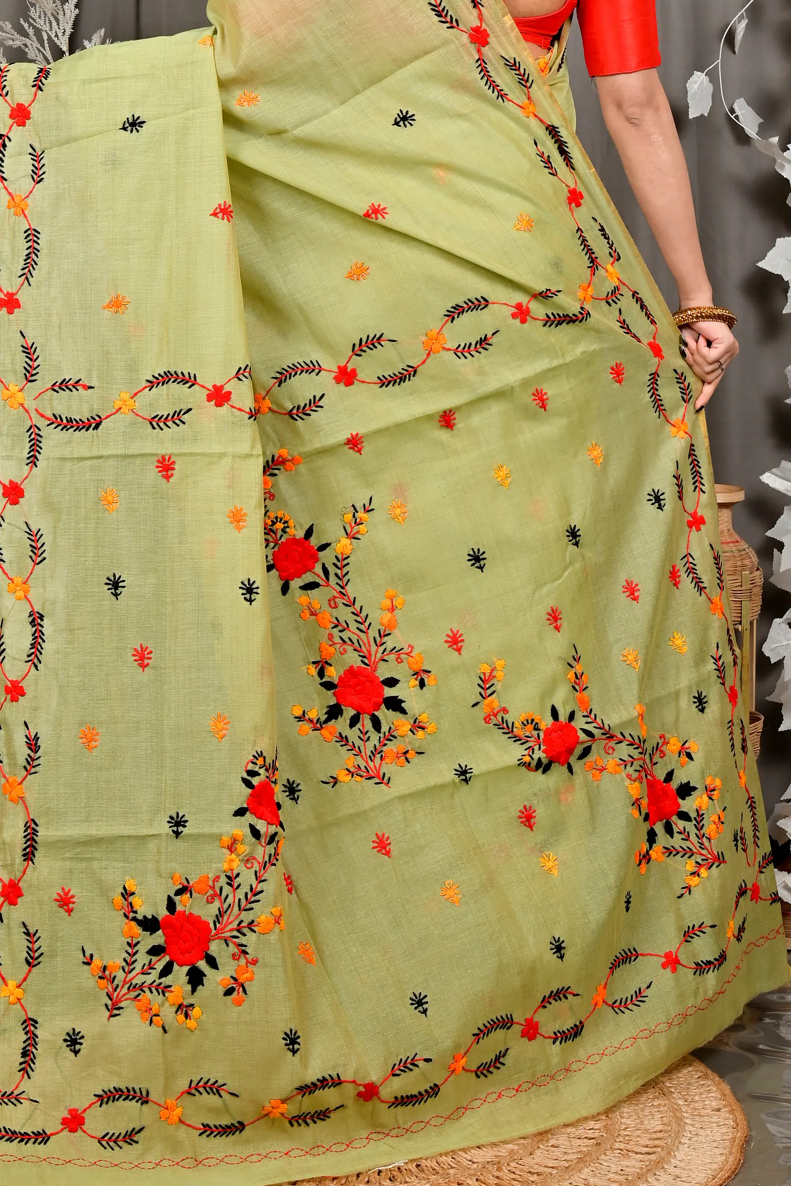Lime Green Pure Cotton Devui Kantha Stitch Saree (2968)