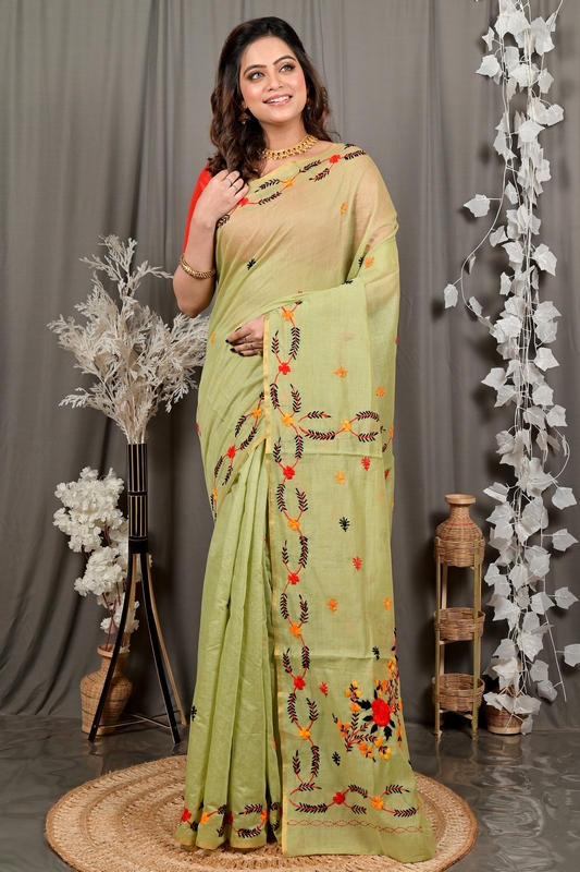Lime Green Pure Cotton Devui Kantha Stitch Saree (2968)