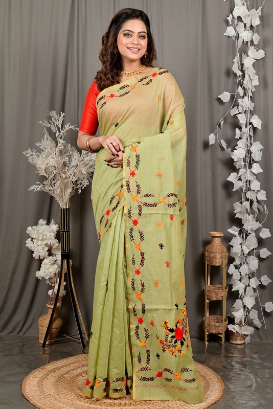 Lime Green Pure Cotton Devui Kantha Stitch Saree (2968)