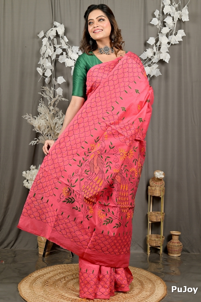 Dark Pink Cotton Blend Dharai Kantha Stitch Saree (2969)