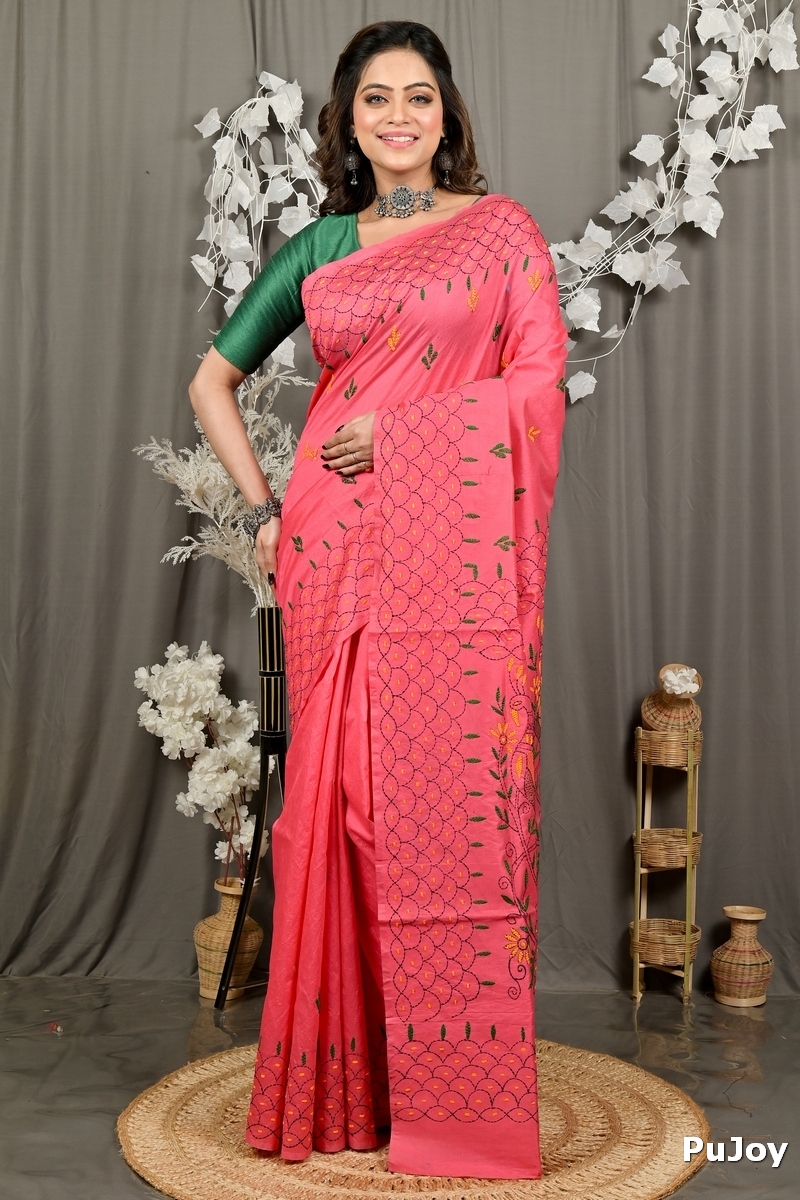 Dark Pink Cotton Blend Dharai Kantha Stitch Saree (2969)
