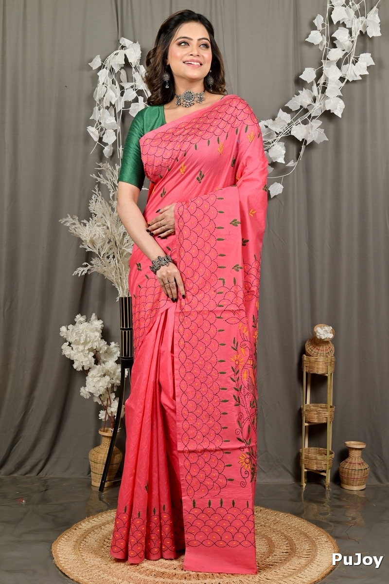 Dark Pink Cotton Blend Dharai Kantha Stitch Saree (2969)