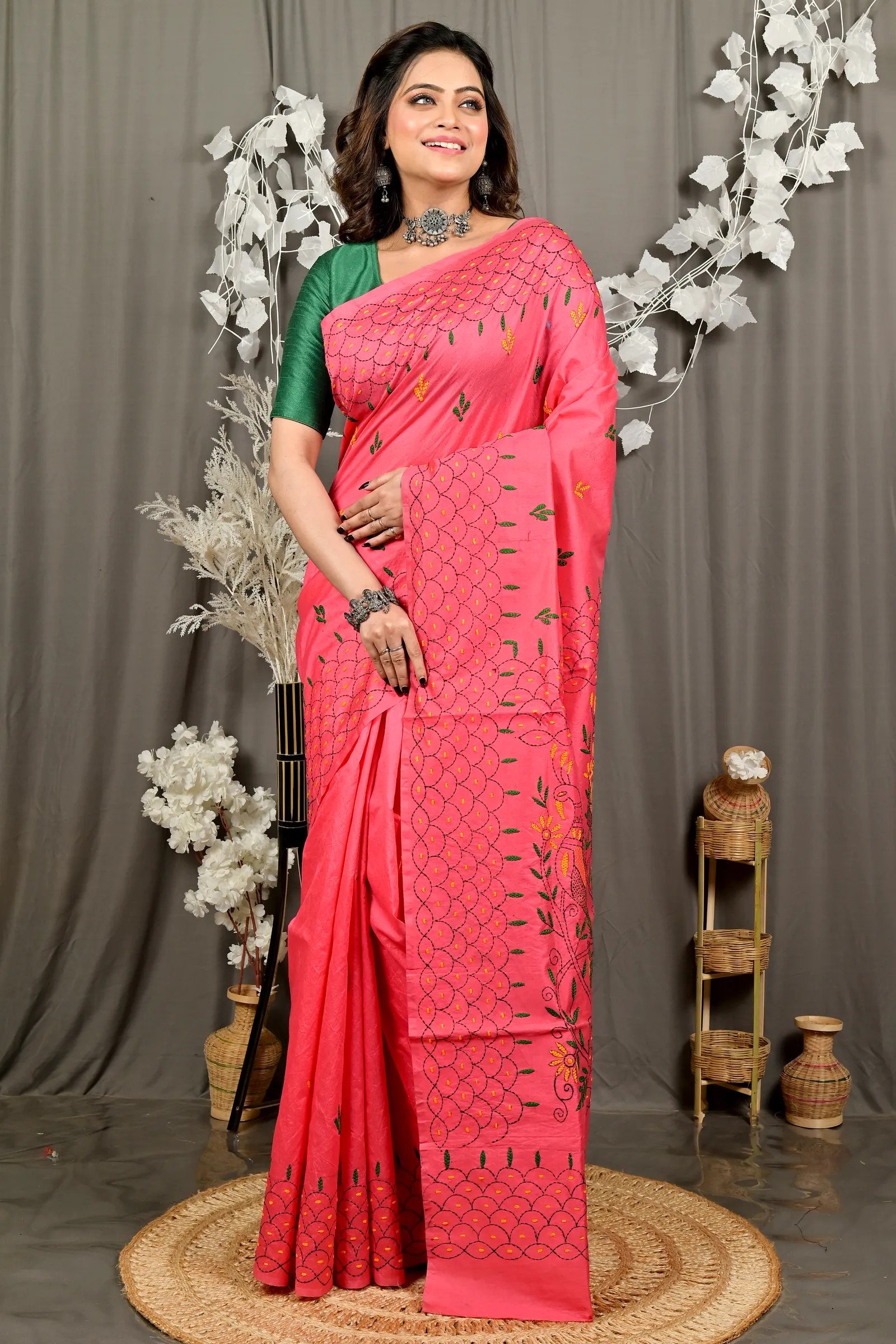 Dark Pink Cotton Blend Dharai Kantha Stitch Saree (2969)