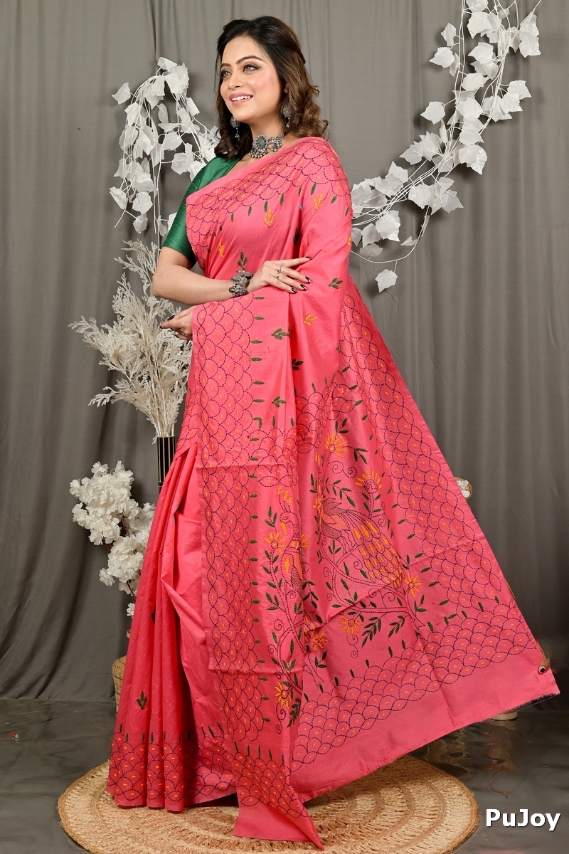 Dark Pink Cotton Blend Dharai Kantha Stitch Saree (2969)