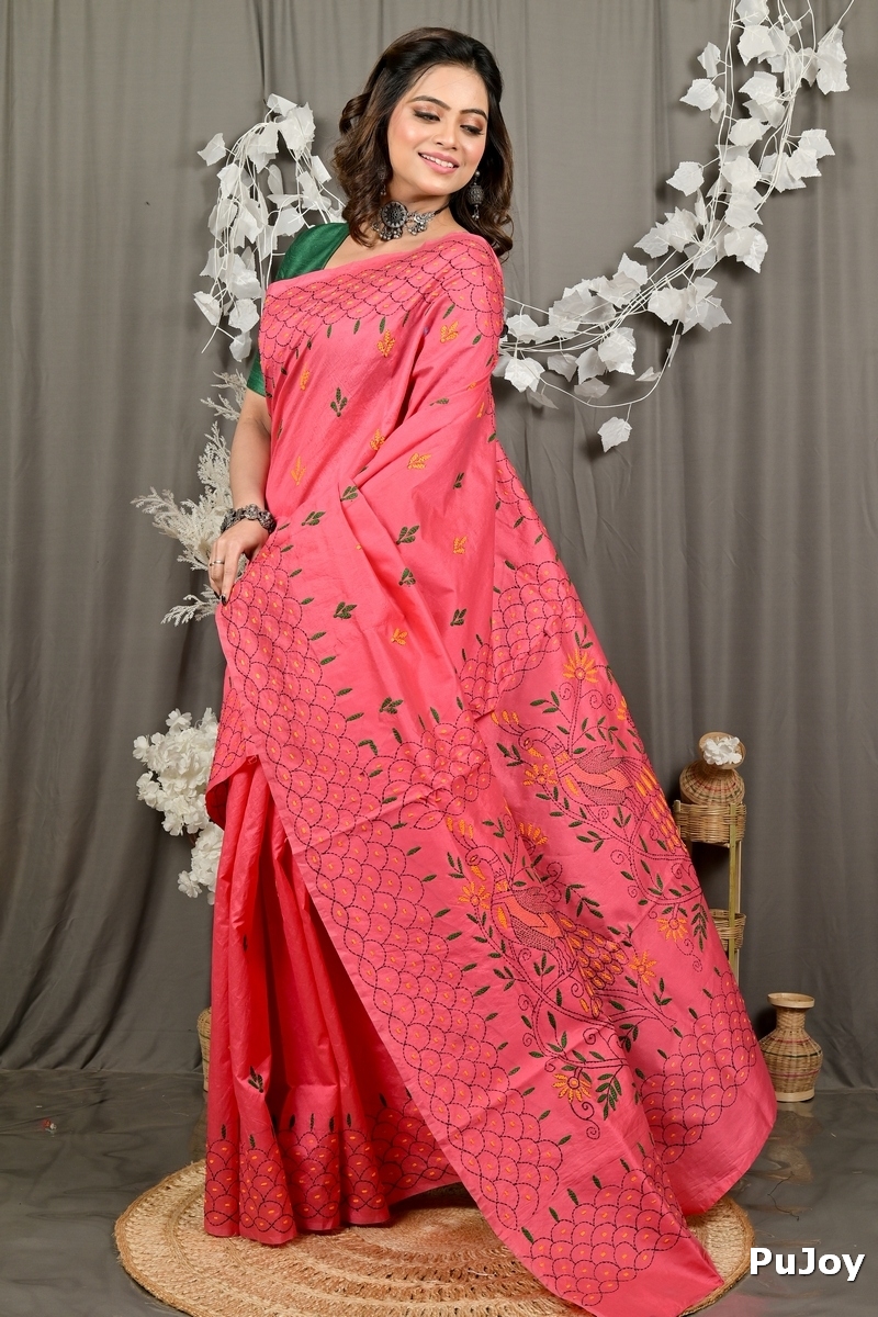 Dark Pink Cotton Blend Dharai Kantha Stitch Saree (2969)