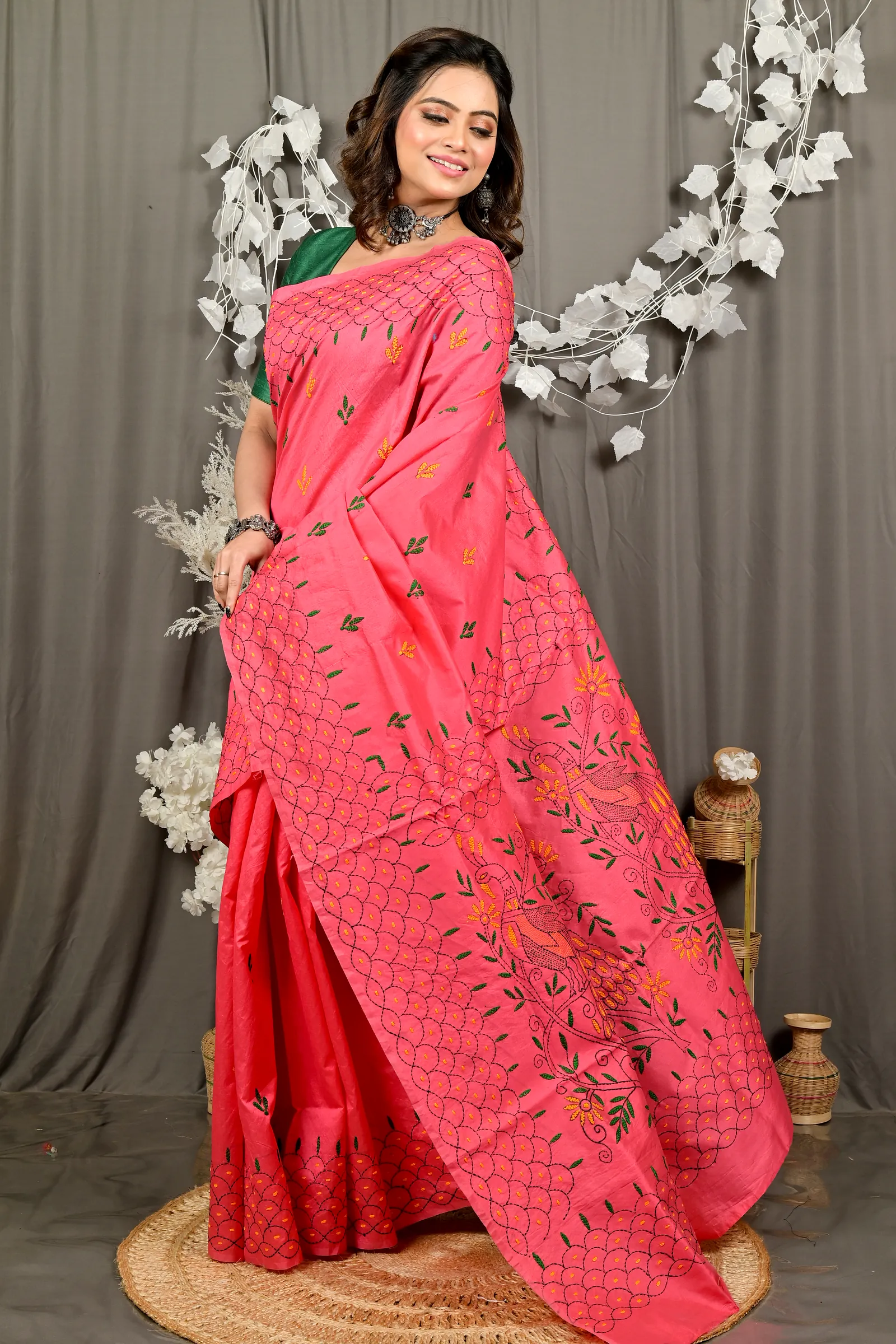 Dark Pink Cotton Blend Dharai Kantha Stitch Saree (2969)