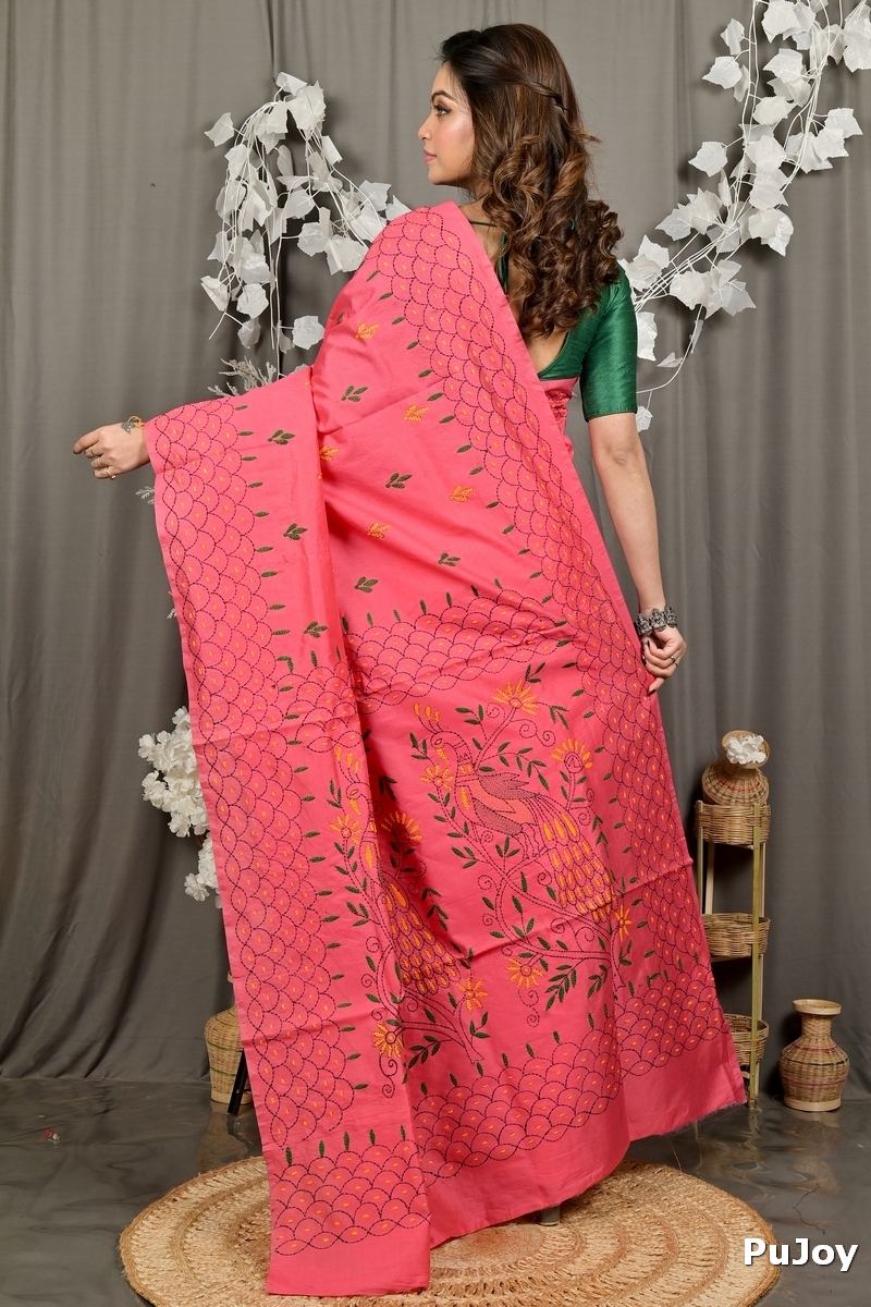 Dark Pink Cotton Blend Dharai Kantha Stitch Saree (2969)