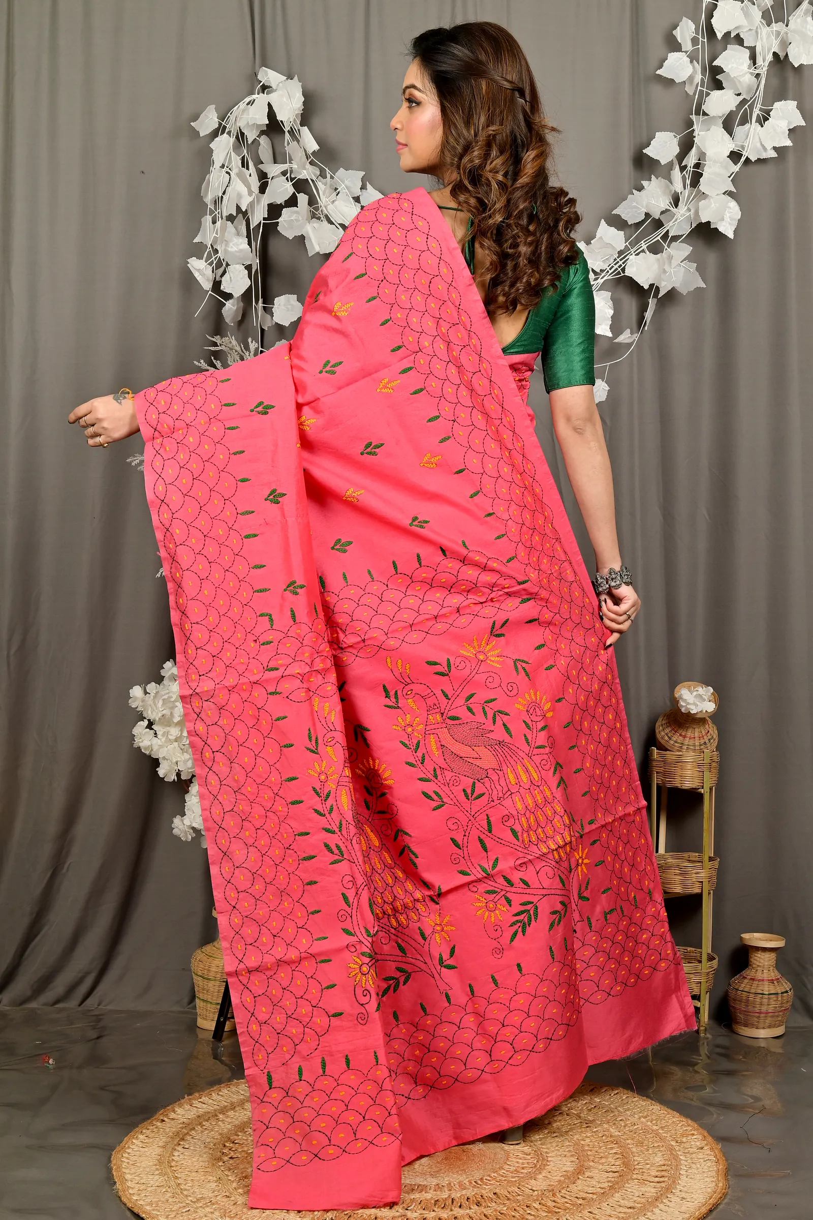 Dark Pink Cotton Blend Dharai Kantha Stitch Saree (2969)